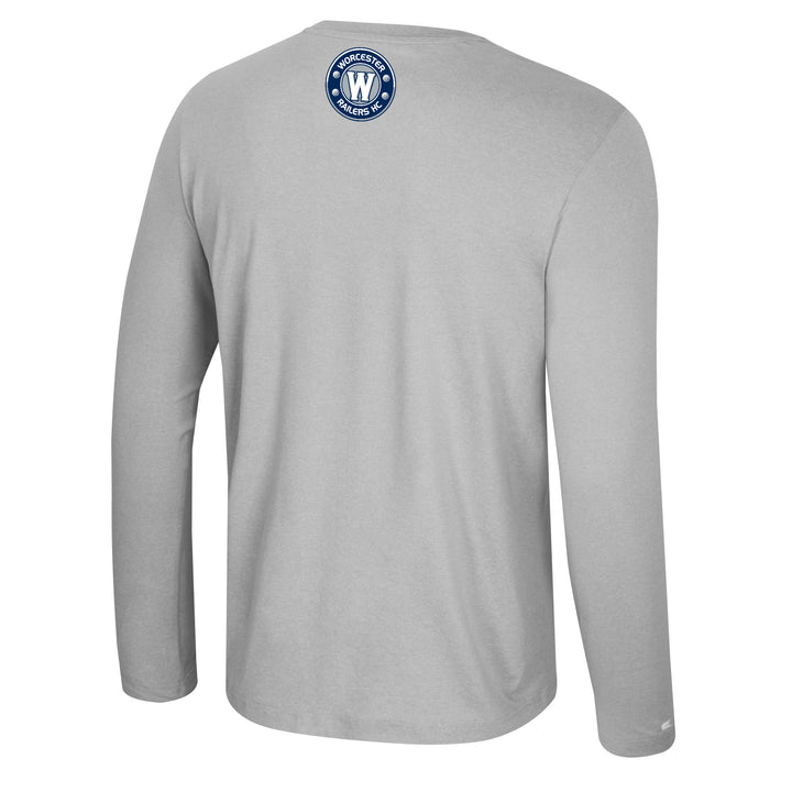 Back view of Worcester Railers HC Mac Grey long sleeve t-shirt with team logo on collar – by Colosseum
